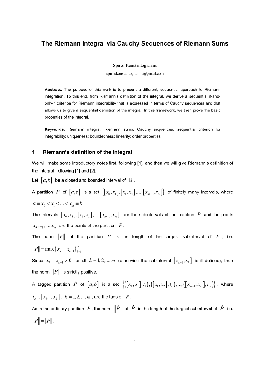 Pdf The Riemann Integral Via Cauchy Sequences Of Riemann Sums
