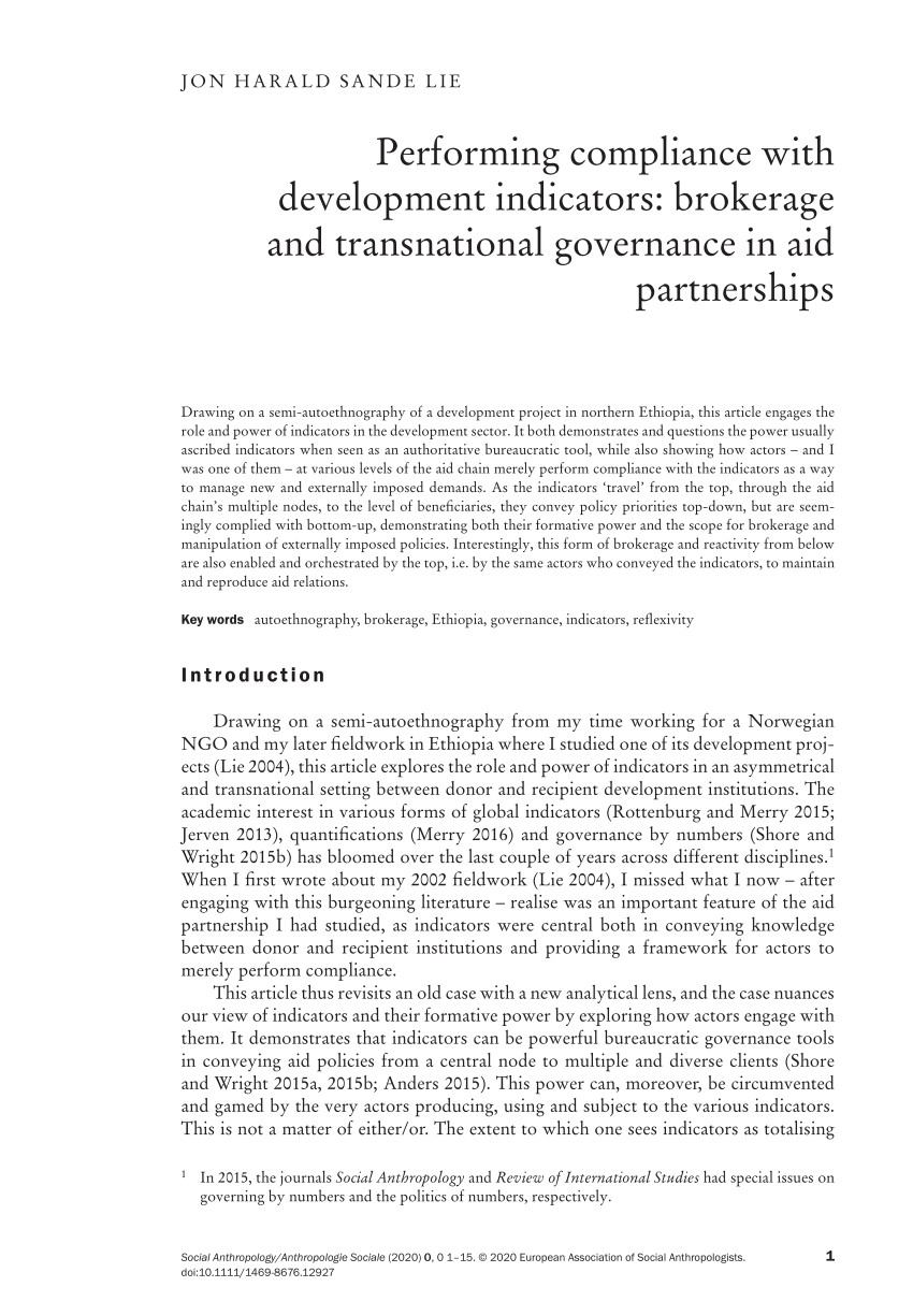 PDF) Performing compliance with development indicators: brokerage and  transnational governance in aid partnerships