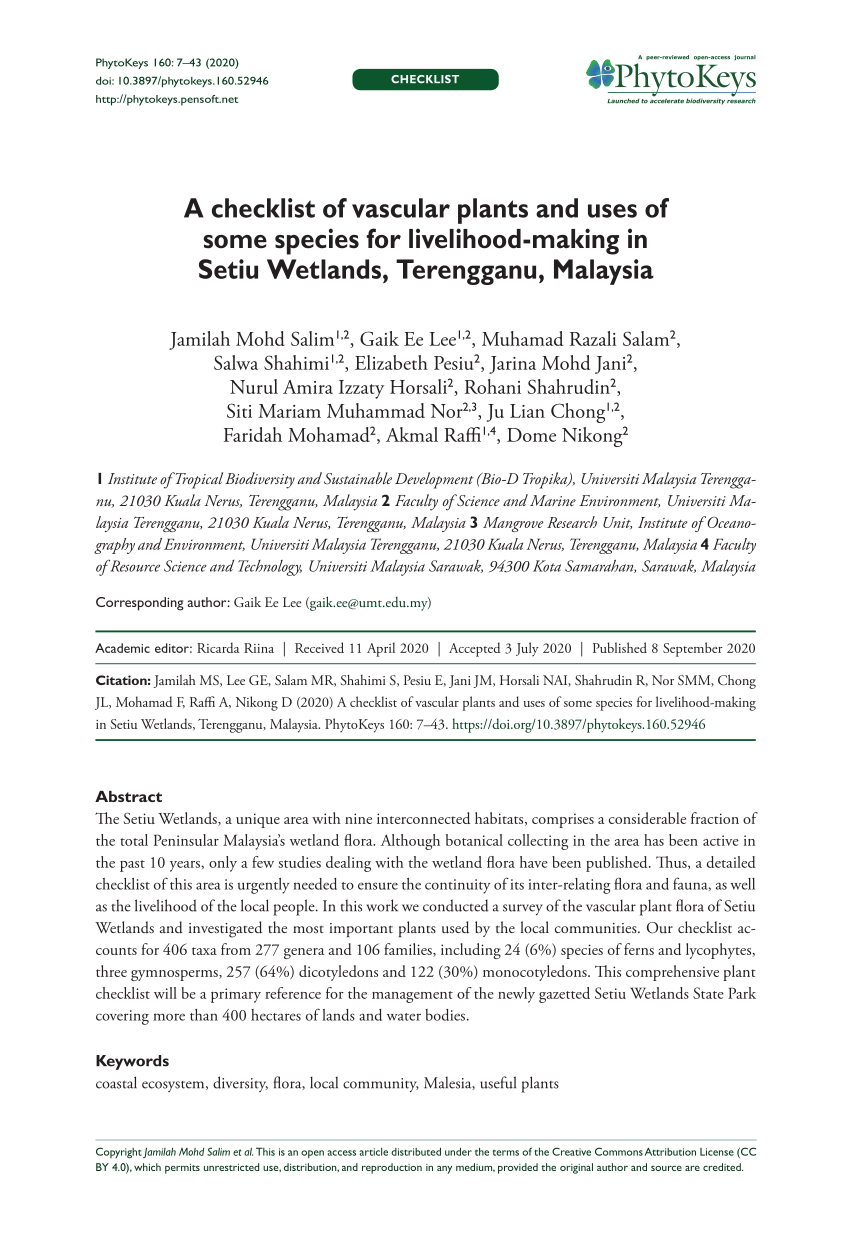 Pdf A Checklist Of Vascular Plants In Setiu Wetlands A Checklist Of Vascular Plants And Uses Of Some Species For Livelihood Making In Setiu Wetlands Terengganu Malaysia