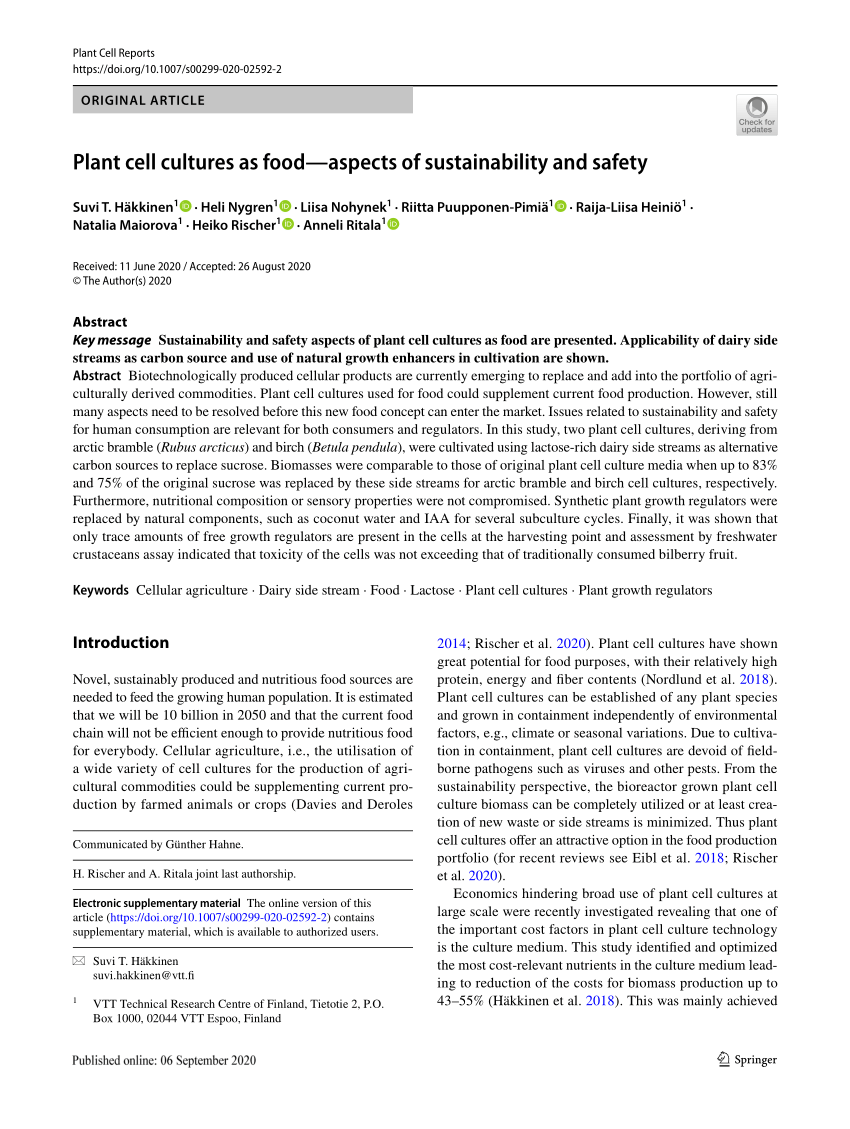 Pdf Plant Cell Cultures As Food Aspects Of Sustainability And Safety