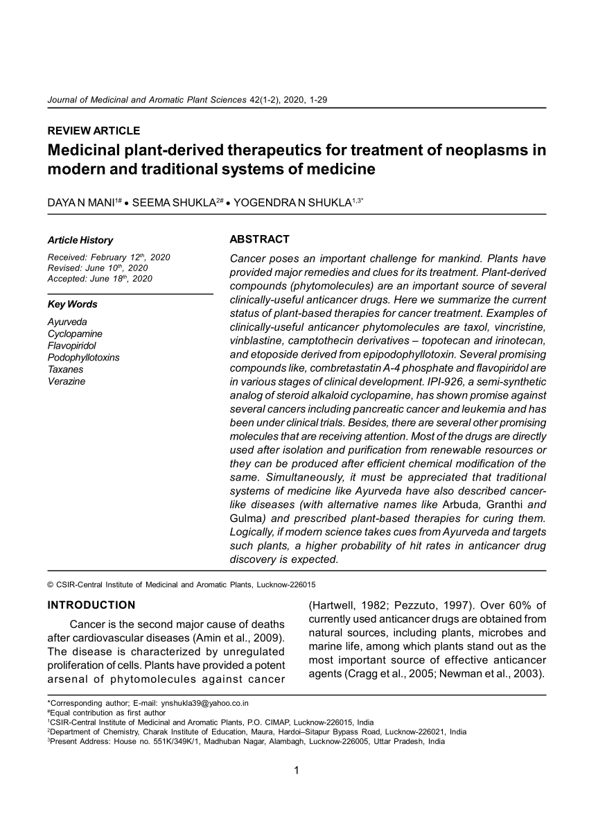 Pdf Medicinal Plant Derived Therapeutics For Treatment Of Neoplasms In Modern And Traditional Systems Of Medicine