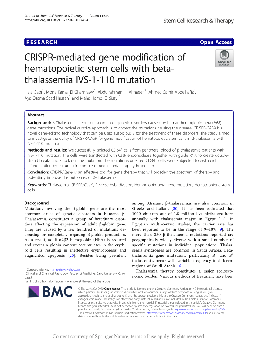 Pdf Crispr Mediated Gene Modification Of Hematopoietic Stem Cells With Beta Thalassemia Ivs 1 110 Mutation