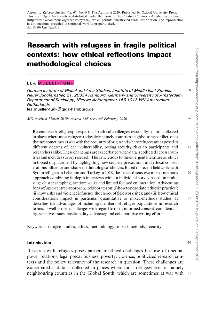 Pdf Research With Refugees In Fragile Political Contexts How Ethical Reflections Impact Methodological Choices