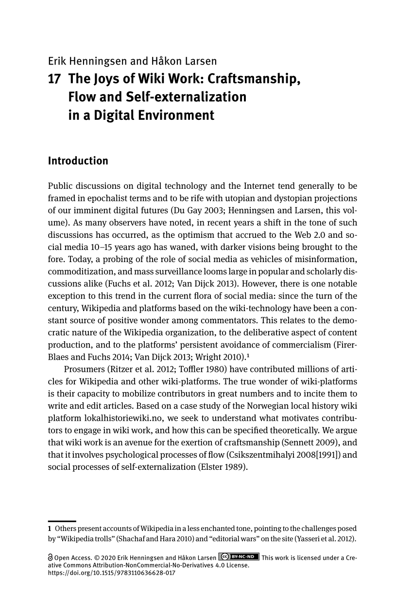 Pdf 7 The Joys Of Wiki Work Craftsmanship Flow And Self Externalization In A Digital Environment