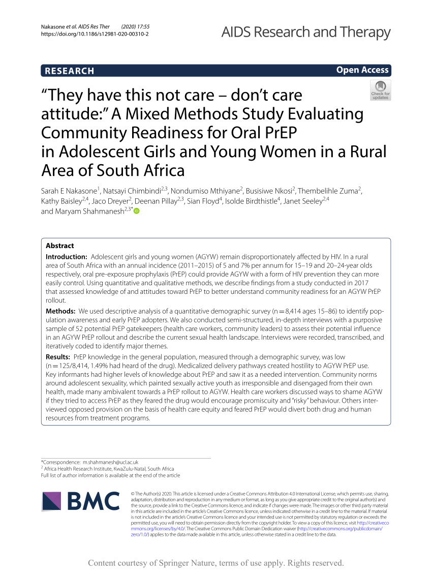 Pdf They Have This Not Care Don T Care Attitude A Mixed Methods Study Evaluating Community Readiness For Oral Prep In Adolescent Girls And Young Women In A Rural Area Of South