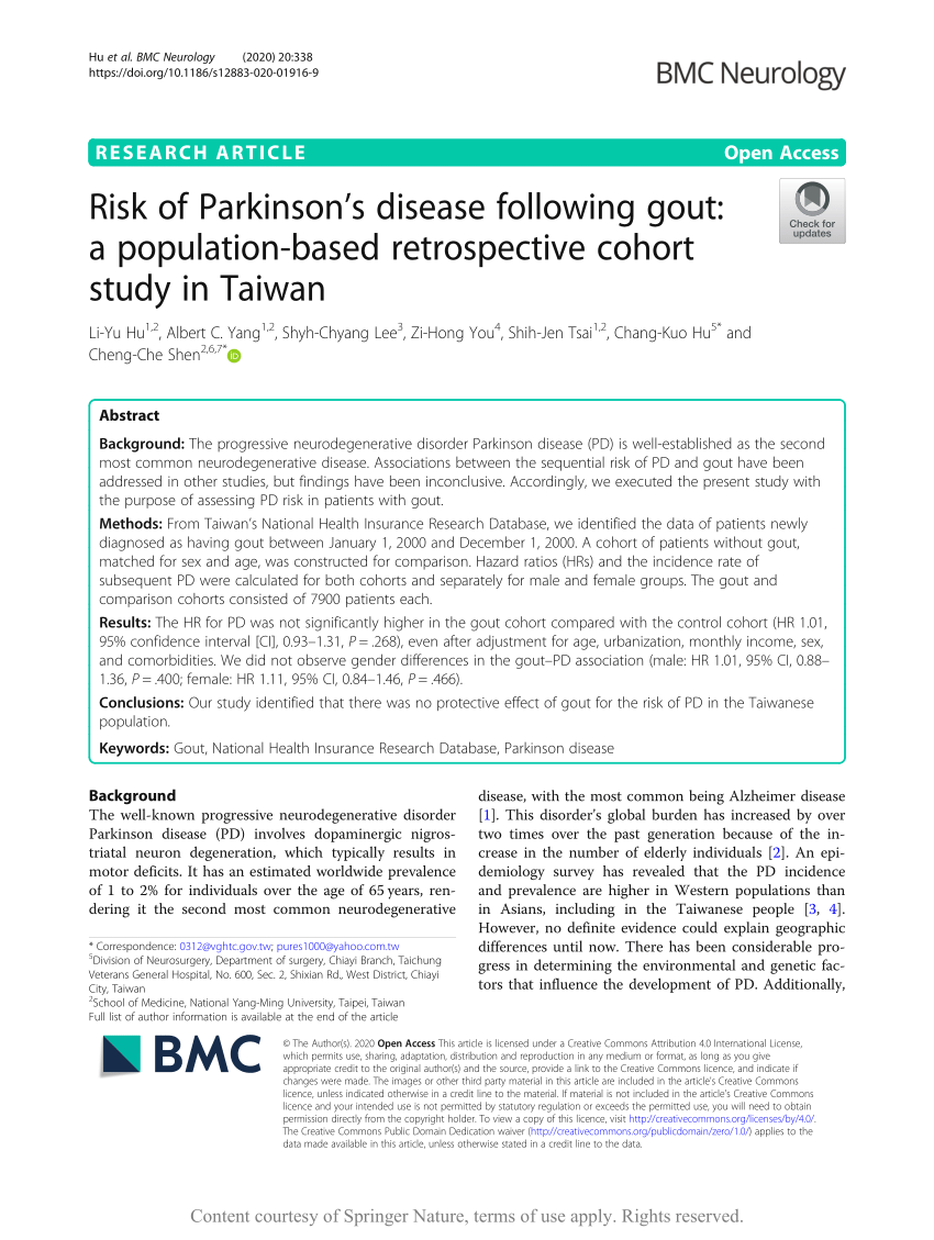 (PDF) Risk of Parkinson's disease following gout: a population 
