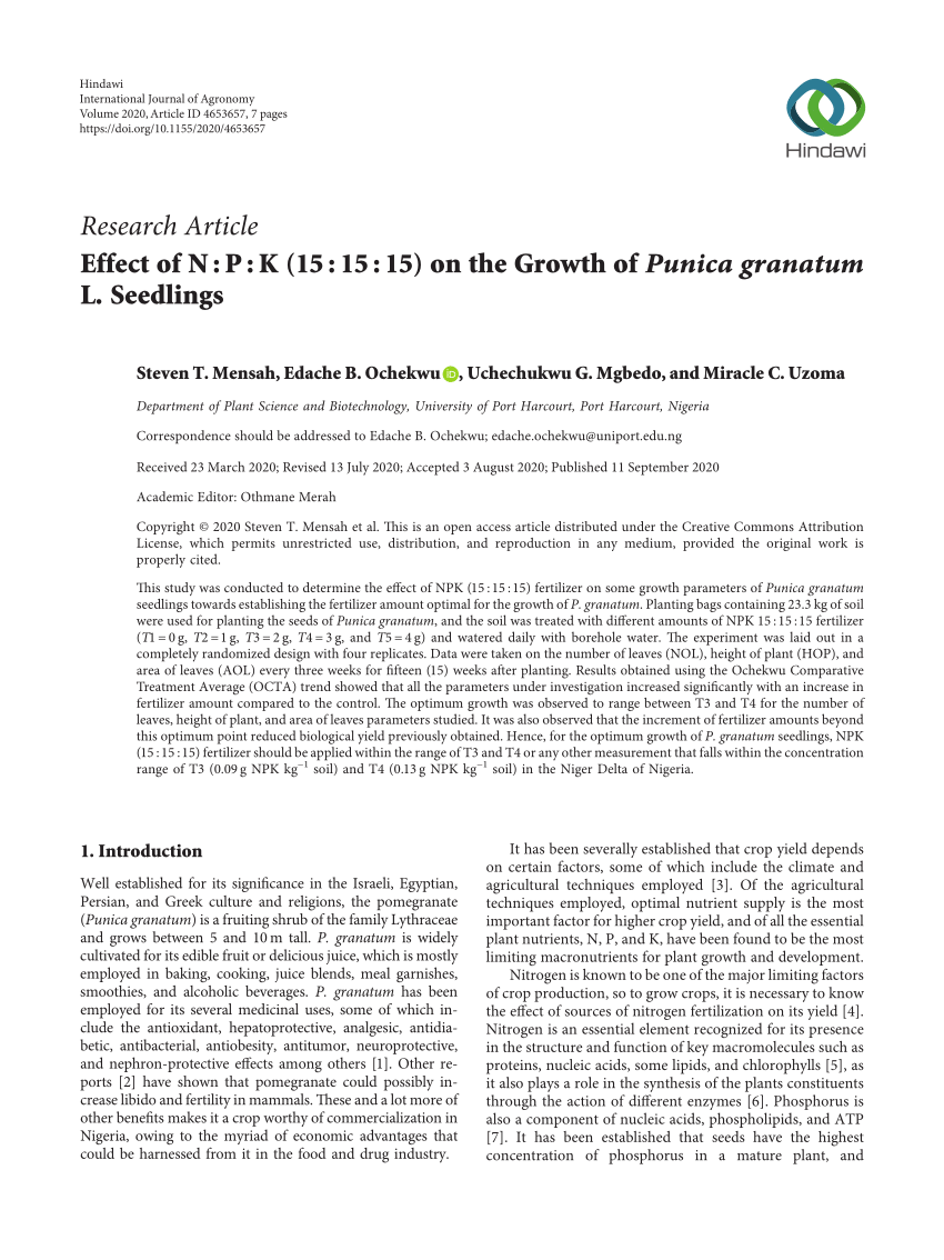 PDF) Effect of N : P : K (15 : 15 : 15) on the Growth of Punica granatum L.  Seedlings