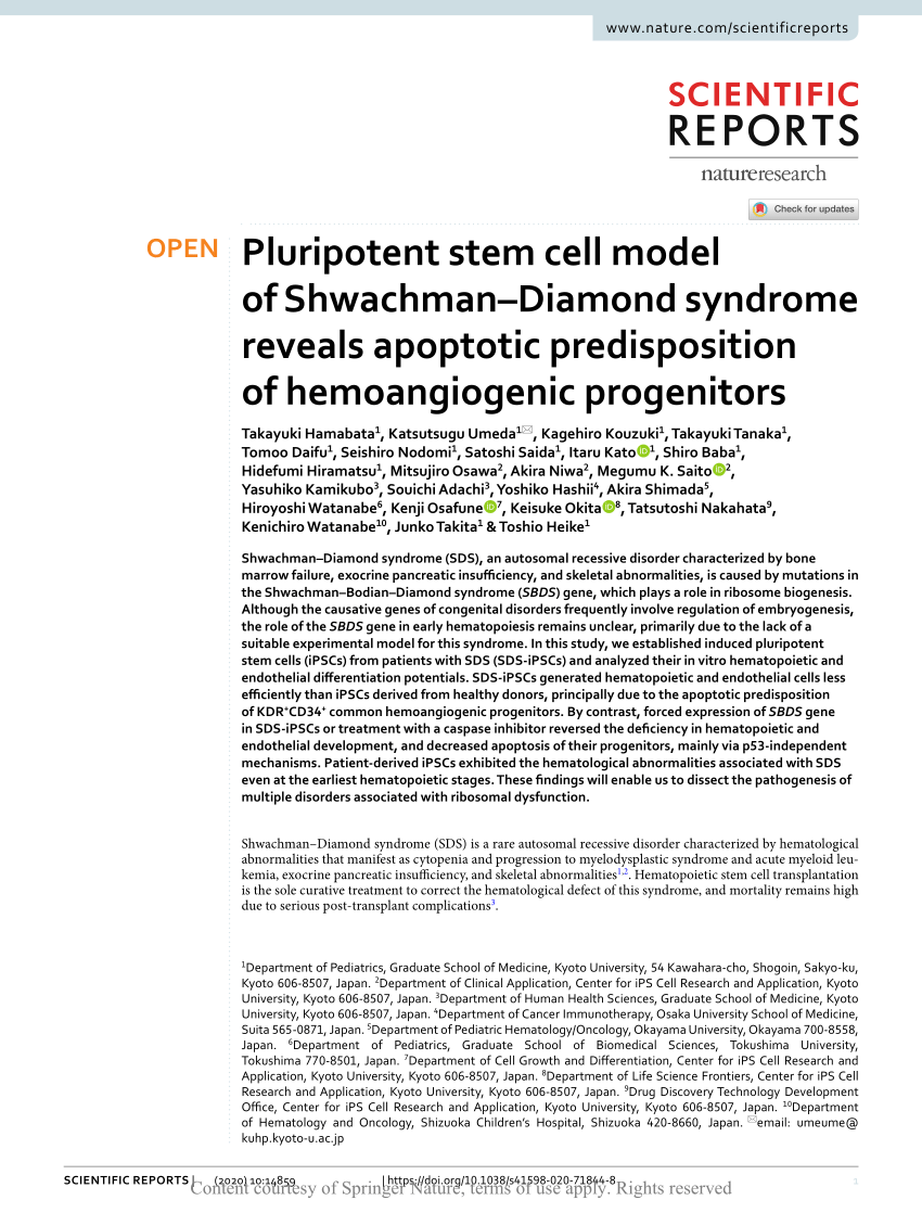 PDF) Pluripotent stem cell model of Shwachman-Diamond syndrome