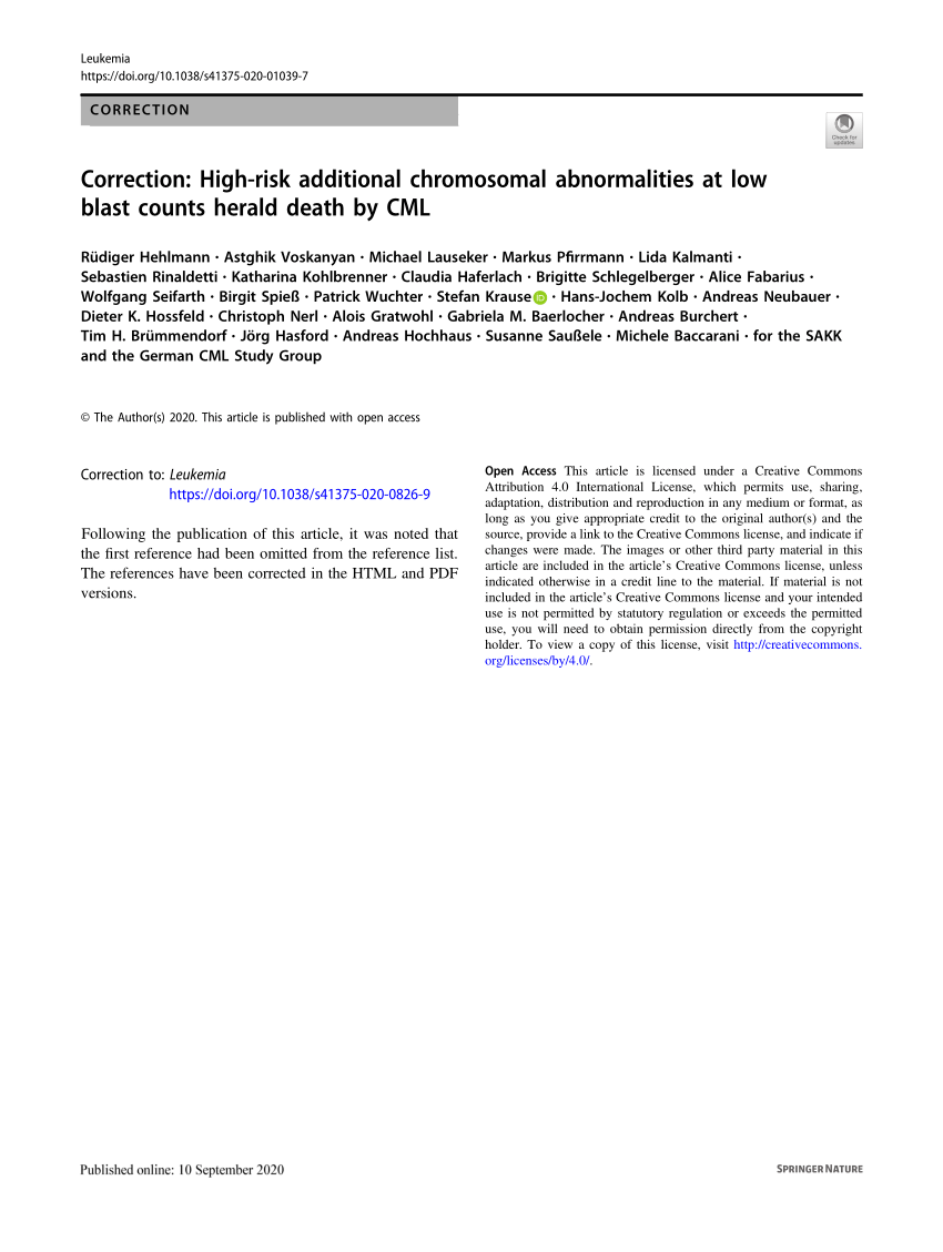 PDF) Correction: High-risk additional chromosomal abnormalities at low  blast counts herald death by CML