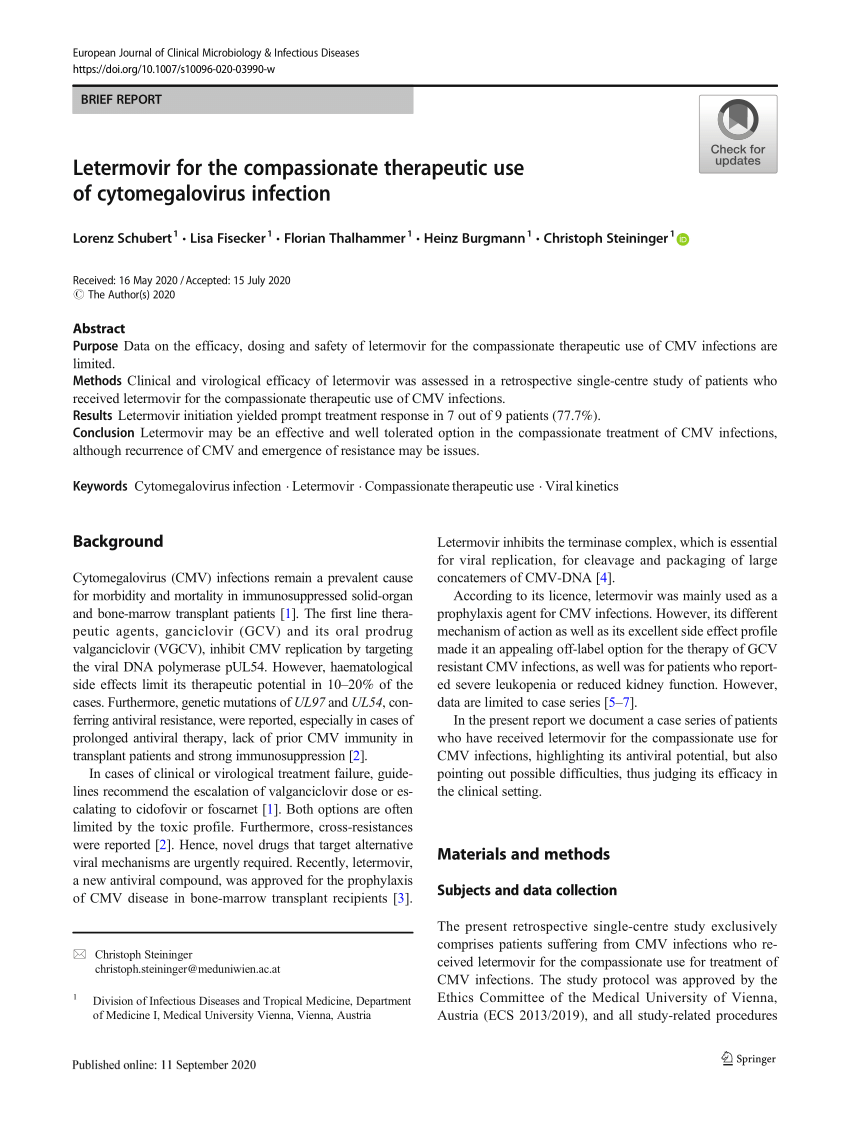 Pdf Letermovir For The Compassionate Therapeutic Use Of Cytomegalovirus Infection