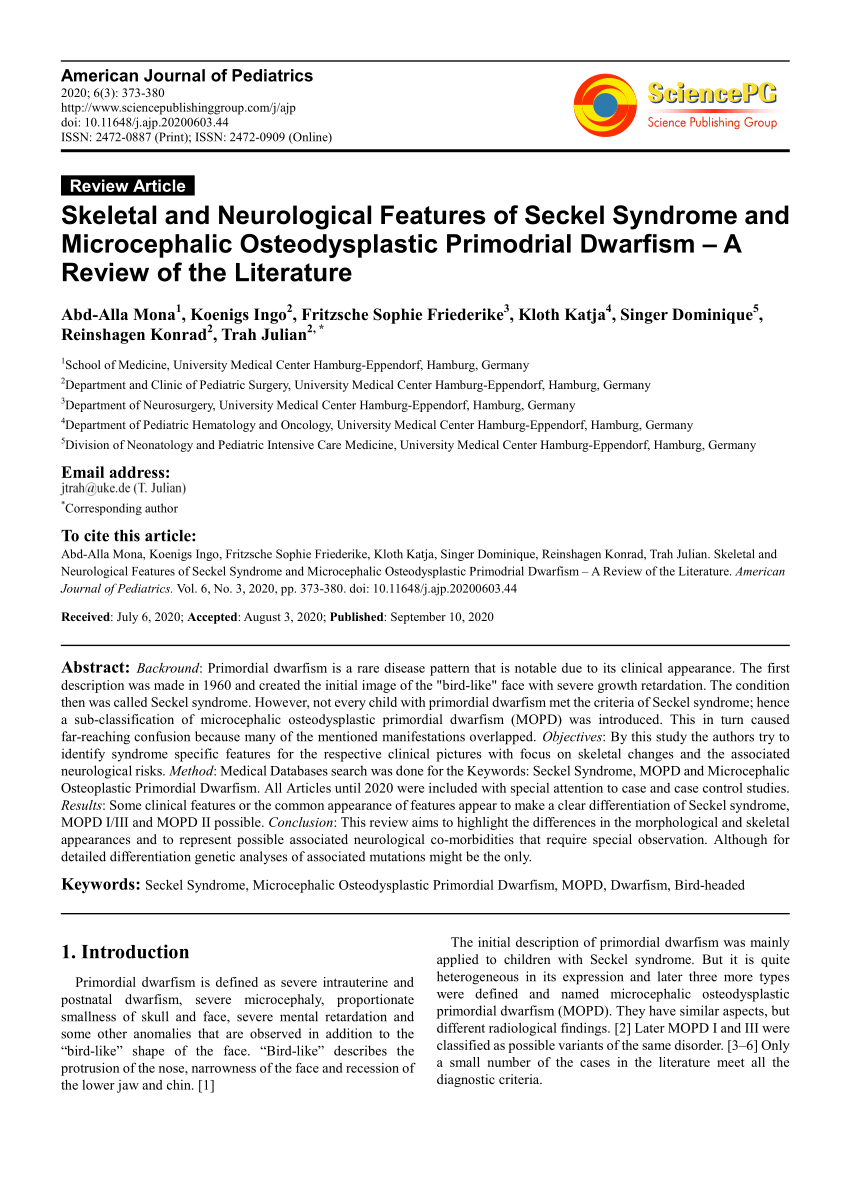 Pdf Skeletal And Neurological Features Of Seckel Syndrome And Microcephalic Osteodysplastic Primodrial Dwarfism A Review Of The Literature