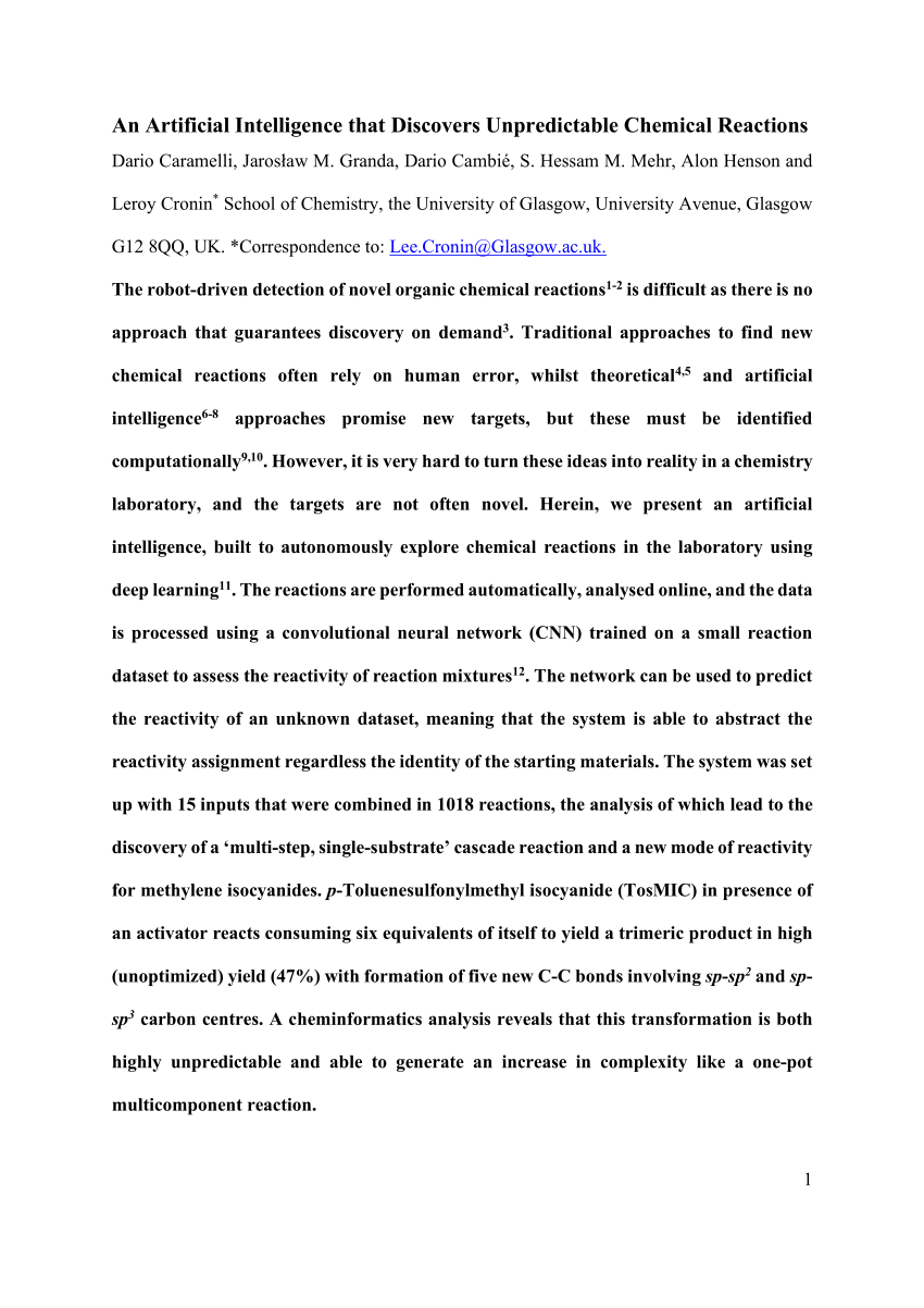 Pdf An Artificial Intelligence That Discovers Unpredictable Chemical Reactions
