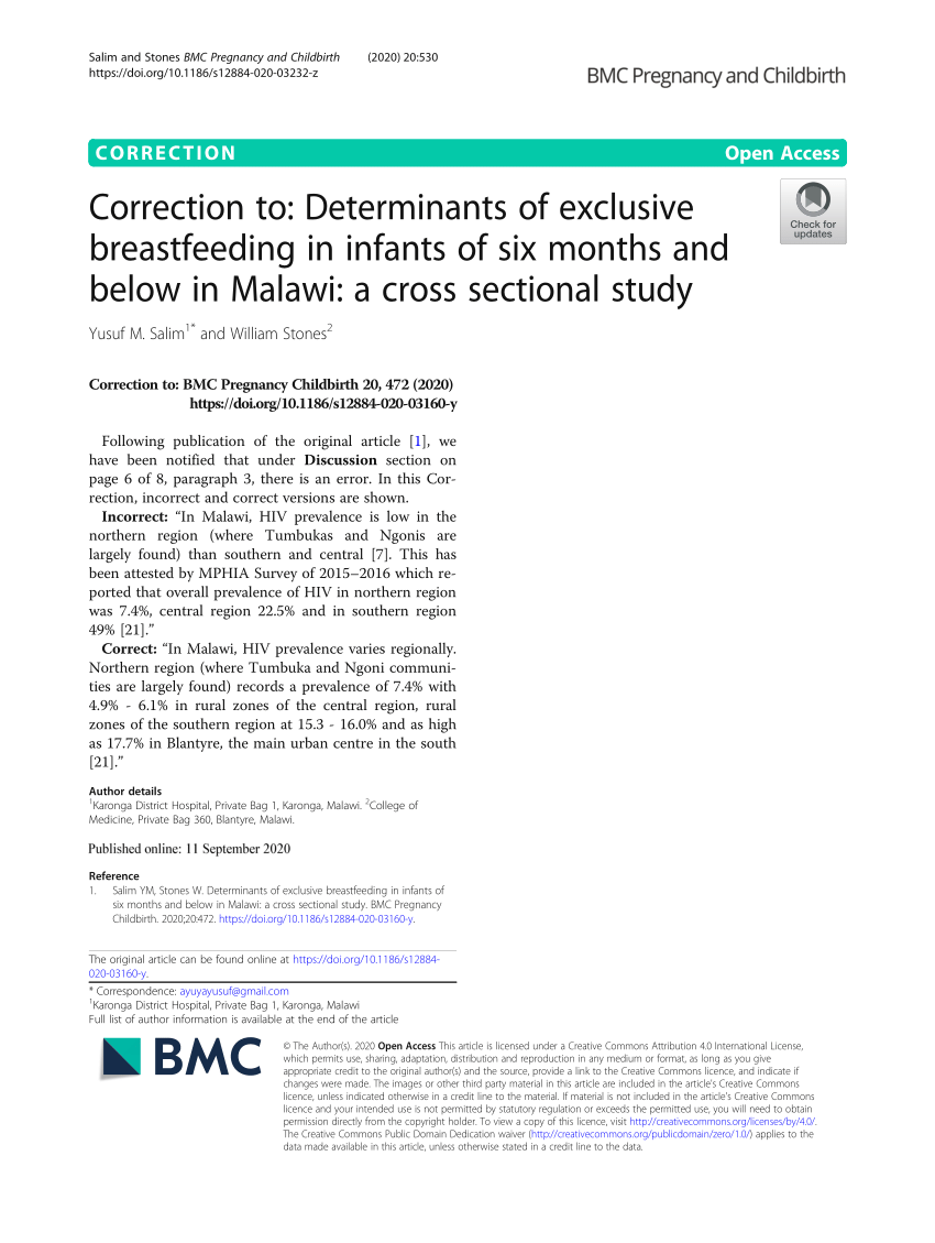 PDF) Correction to: Determinants of exclusive breastfeeding in infants of  six months and below in Malawi: a cross sectional study