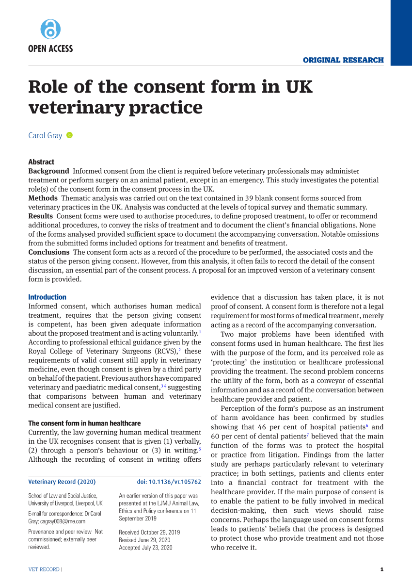 Pdf Role Of The Consent Form In Uk Veterinary Practice 6203