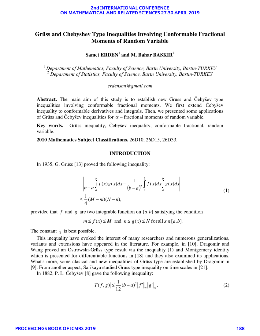 Pdf Gruss And Chebyshev Type Inequalities Involving Conformable Fractional Moments Of Random Variable