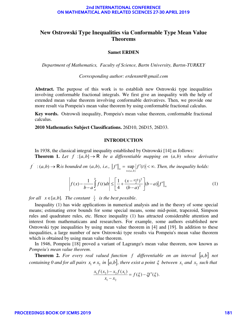Pdf New Ostrowski Type Inequalities Via Conformable Type Mean Value Theorems