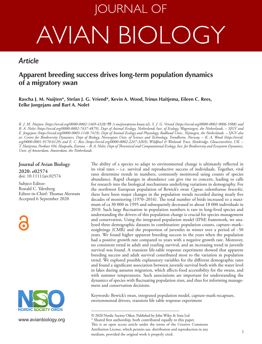 Pdf Apparent Breeding Success Drives Long Term Population Dynamics Of A Migratory Swan