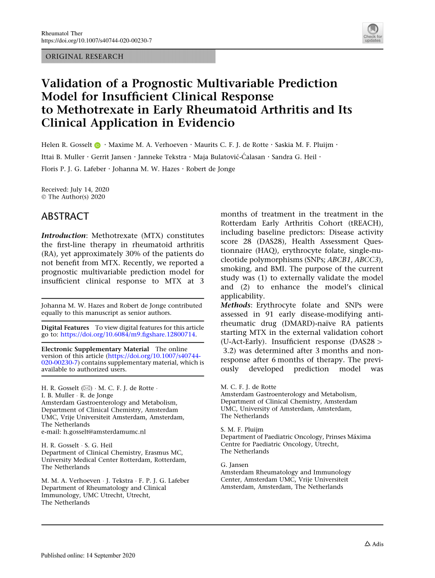 Pdf Validation Of A Prognostic Multivariable Prediction Model For Insufficient Clinical Response To Methotrexate In Early Rheumatoid Arthritis And Its Clinical Application In Evidencio