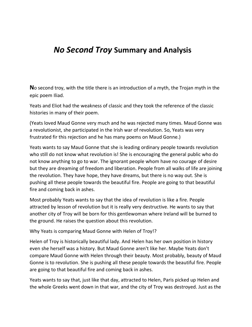 summary of no second troy by wb yeats