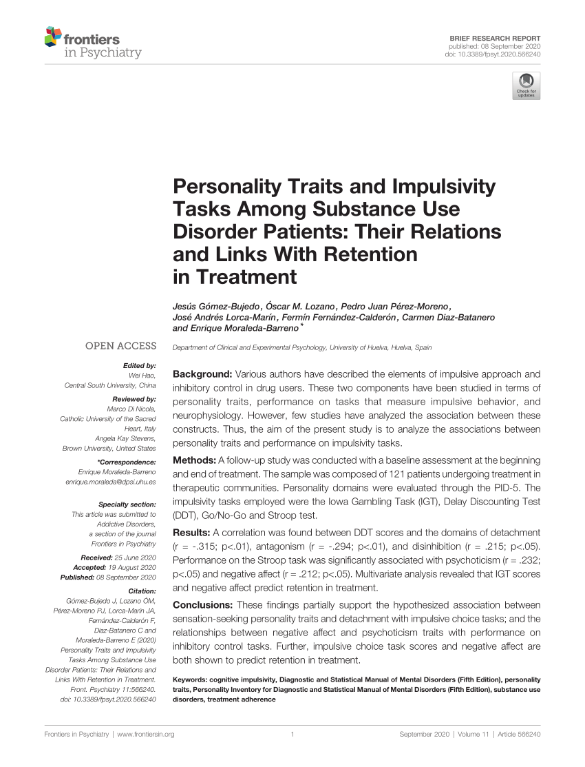 PDF) Personality Traits and Impulsivity Tasks Among Substance Use ...