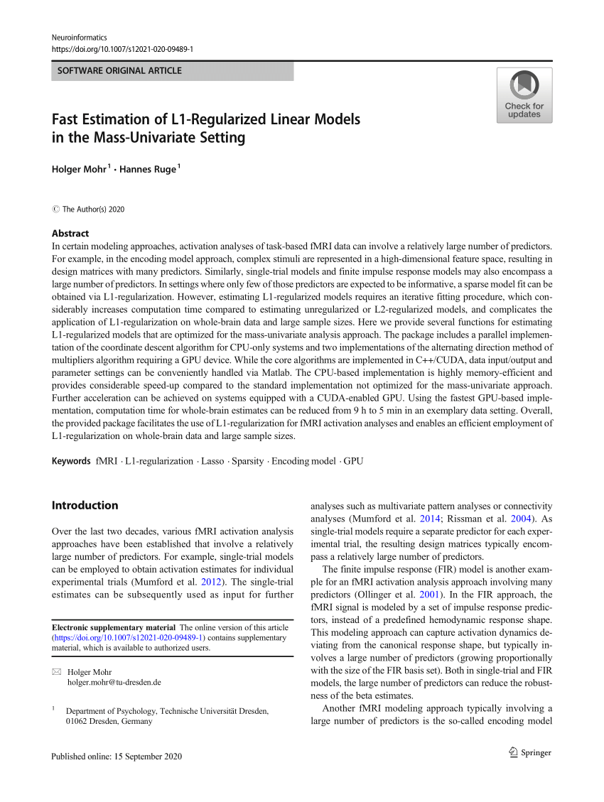 Pdf Fast Estimation Of L1 Regularized Linear Models In The Mass Univariate Setting