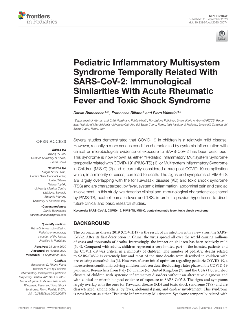 PDF) Pediatric Inflammatory Syndrome Temporally Related SARS-CoV-2: Similarities With Acute Rheumatic and Toxic Shock Syndrome