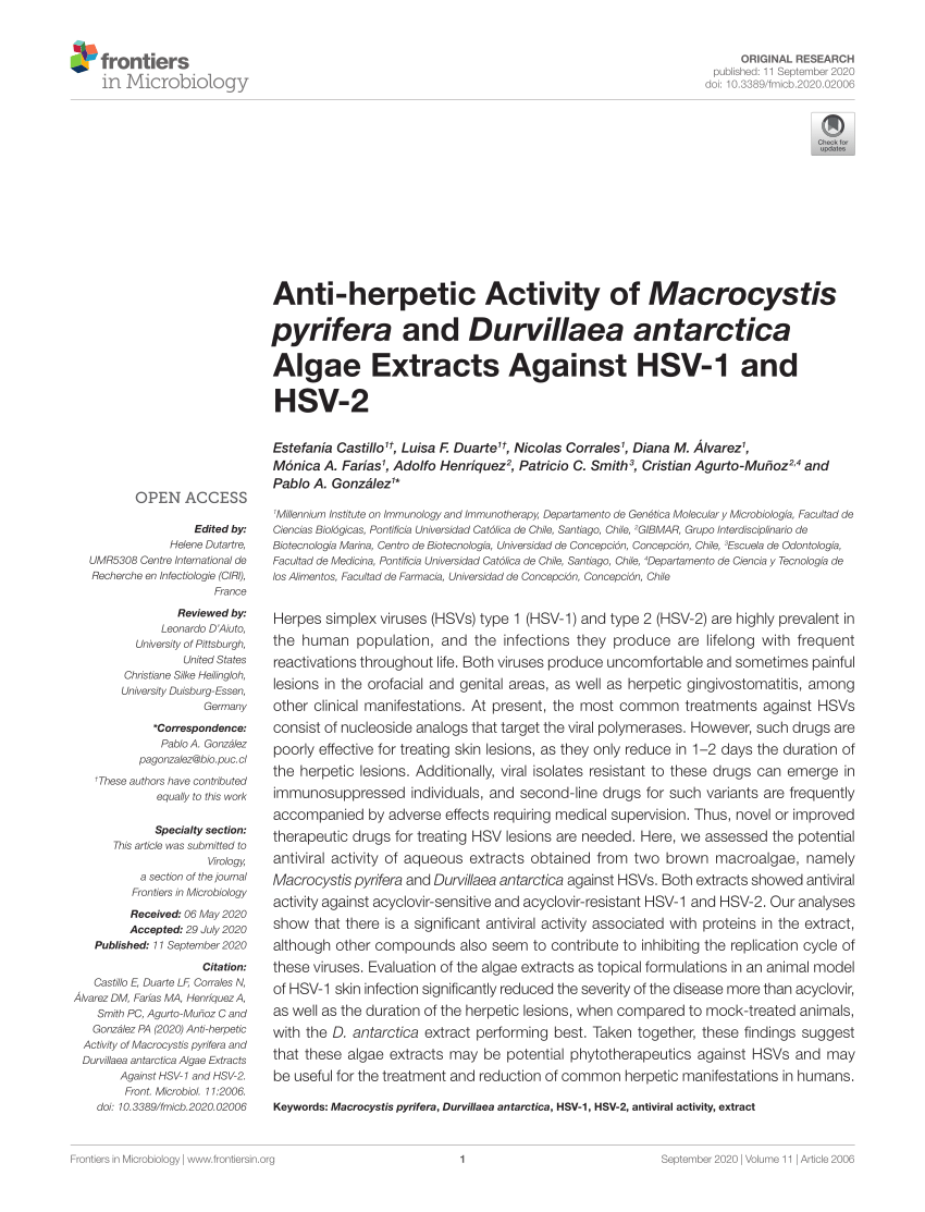 Pdf Anti Herpetic Activity Of Macrocystis Pyrifera And Durvillaea Antarctica Algae Extracts Against Hsv 1 And Hsv 2