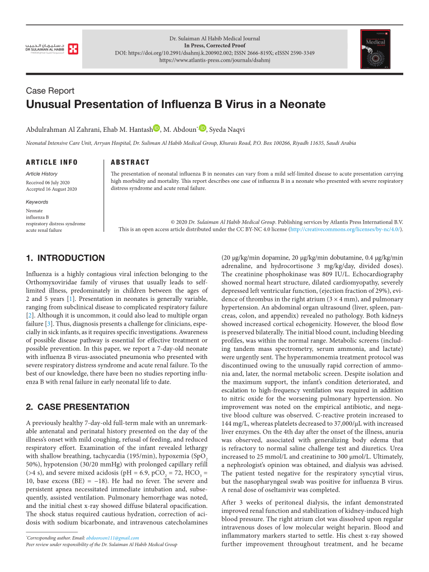 Pdf Unusual Presentation Of Influenza B Virus In A Neonate