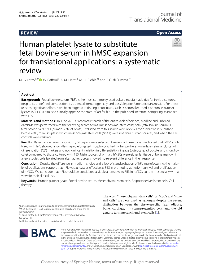 mundstykke Underlegen søm PDF) Human platelet lysate to substitute fetal bovine serum in hMSC  expansion for translational applications: A systematic review