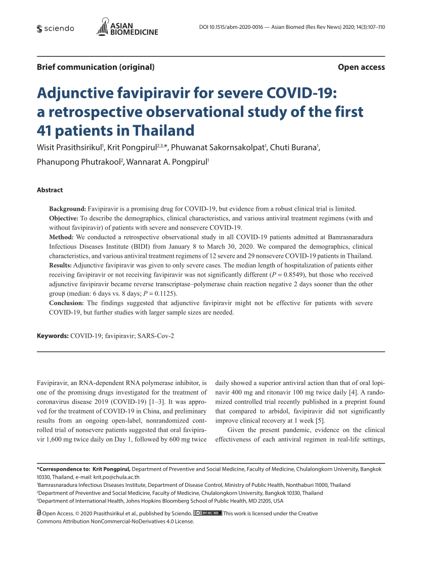 Pdf Adjunctive Favipiravir For Severe Covid 19 A Retrospective Observational Study Of The First 41 Patients In Thailand