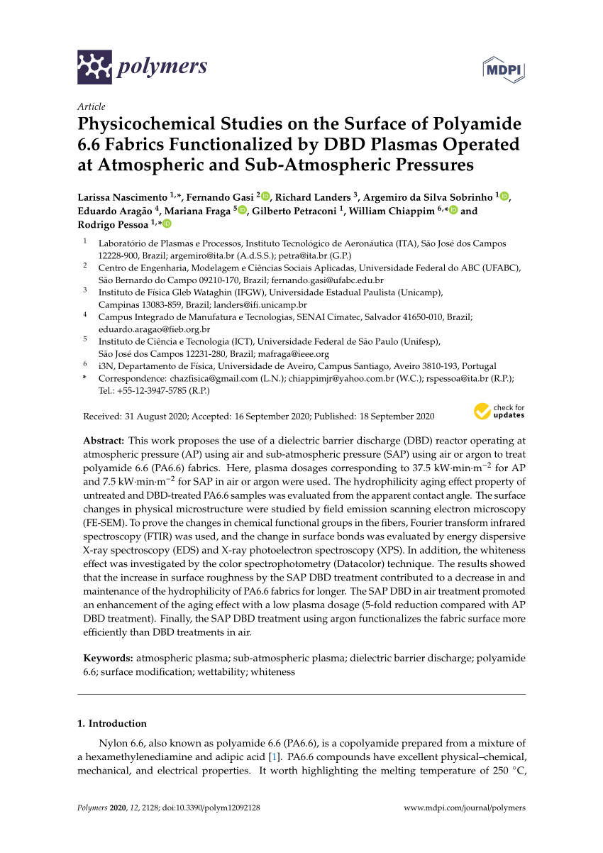 Pdf Physicochemical Studies On The Surface Of Polyamide 6 6 Fabrics Functionalized By Dbd Plasmas Operated At Atmospheric And Sub Atmospheric Pressures