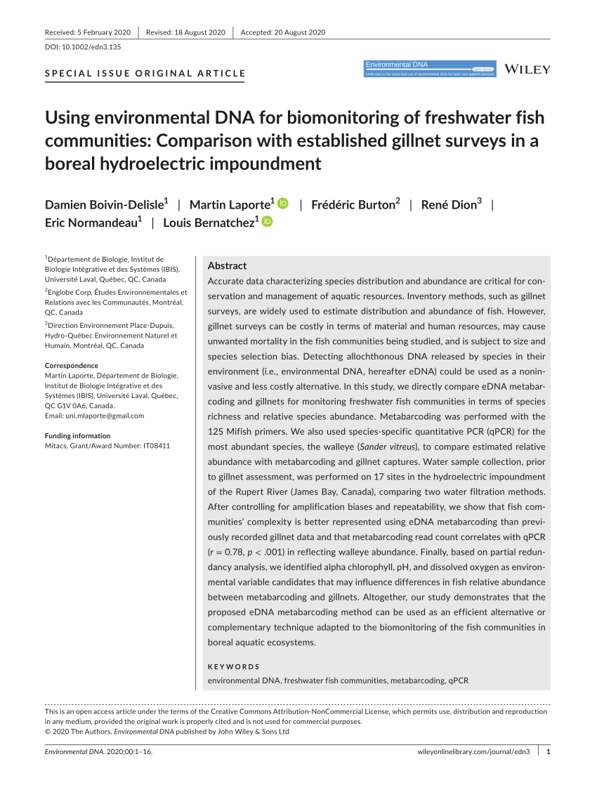 Pdf Using Environmental Dna For Biomonitoring Of Freshwater Fish Communities Comparison With Established Gillnet Surveys In A Boreal Hydroelectric Impoundment