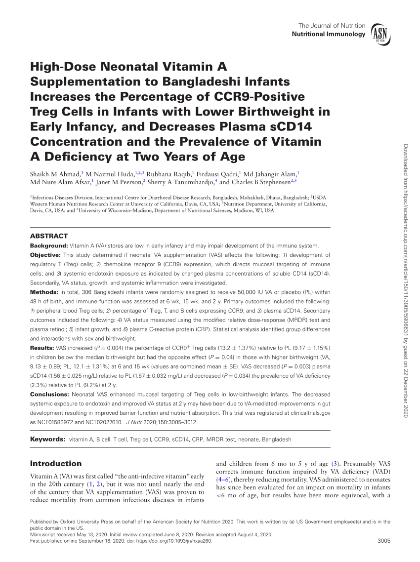 Pdf High Dose Neonatal Vitamin A Supplementation To Bangladeshi Infants Increases The Percentage Of Ccr9 Positive Treg Cells In Infants With Lower Birthweight In Early Infancy And Decreases Plasma Scd14 Concentration And The Prevalence