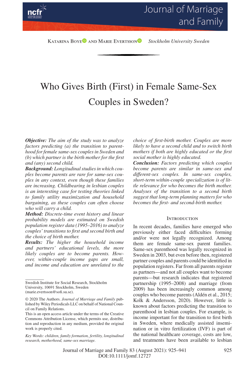 PDF) Who Gives Birth (First) in Female Same‐Sex Couples in Sweden?