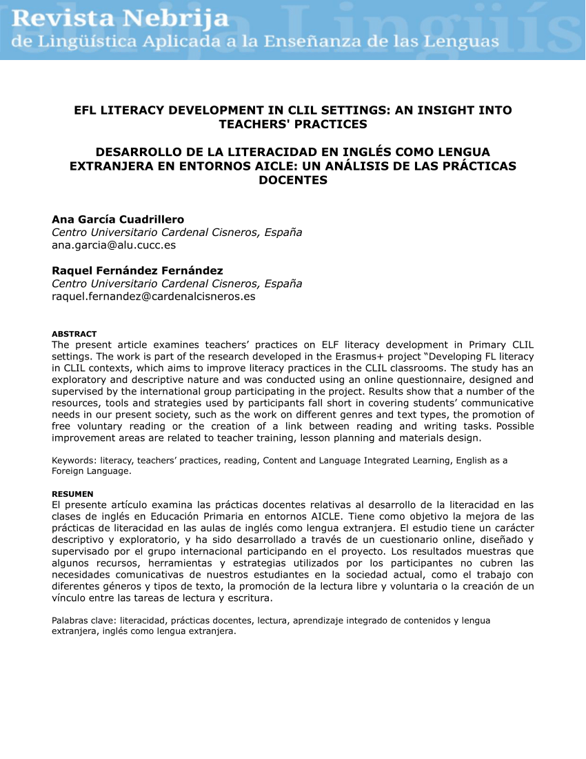 Pdf Efl Literacy Development In Clil Settings An Insight Into Teachers Practices Desarrollo De La Literacidad En Ingles Como Lengua Extranjera En Entornos Aicle Un Analisis De Las Practicas Docentes