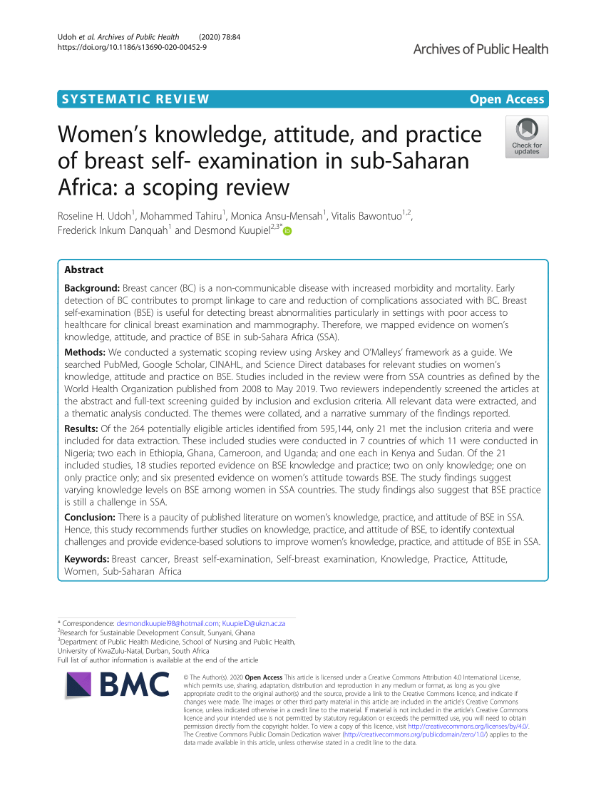 Pdf Womens Knowledge Attitude And Practice Of Breast Self-examination In Sub-saharan Africa A Scoping Review
