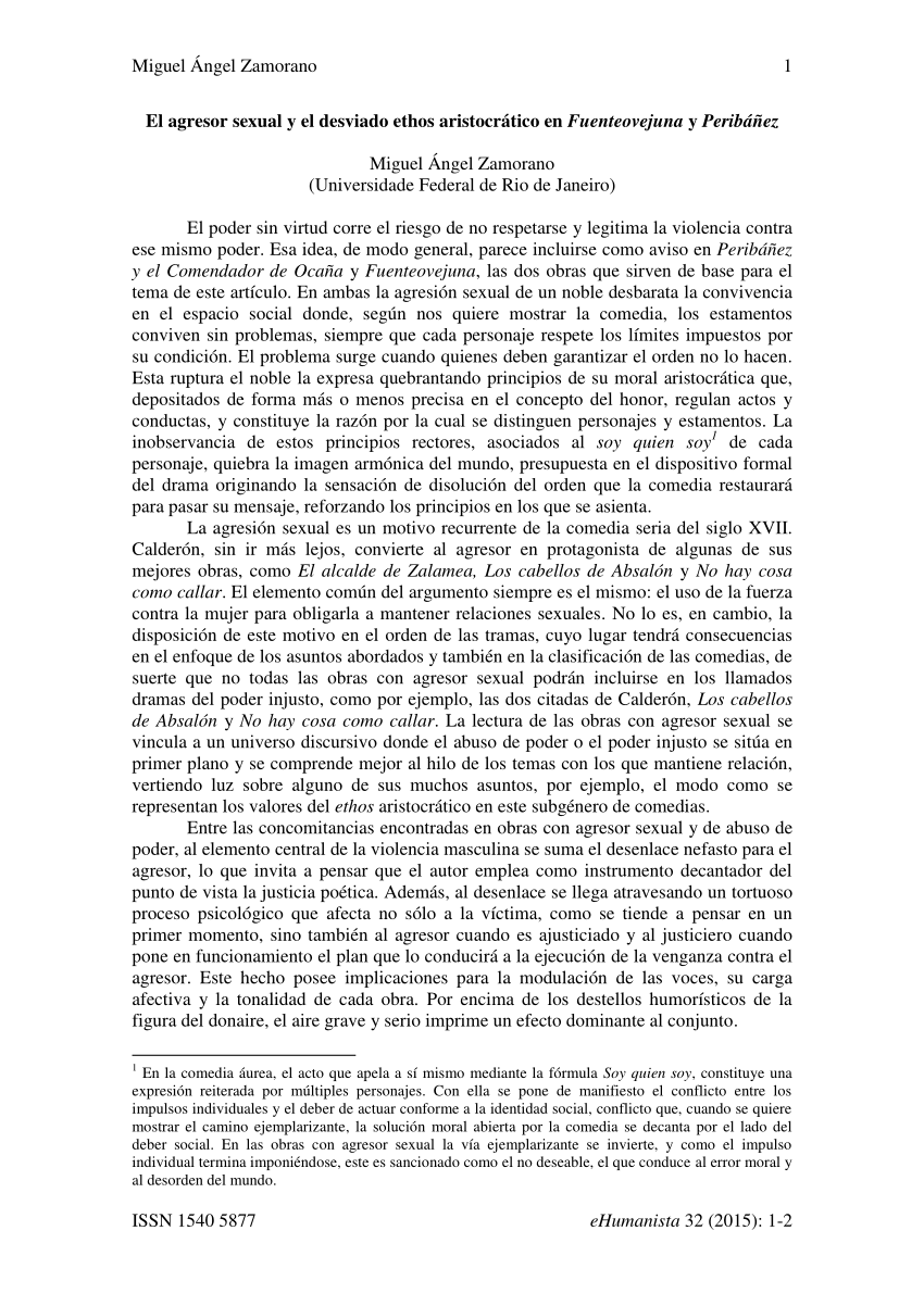 Pdf El Agresor Sexual Y El Desviado Ethos Aristocrático En Fuenteovejuna Y Peribáñez 4191