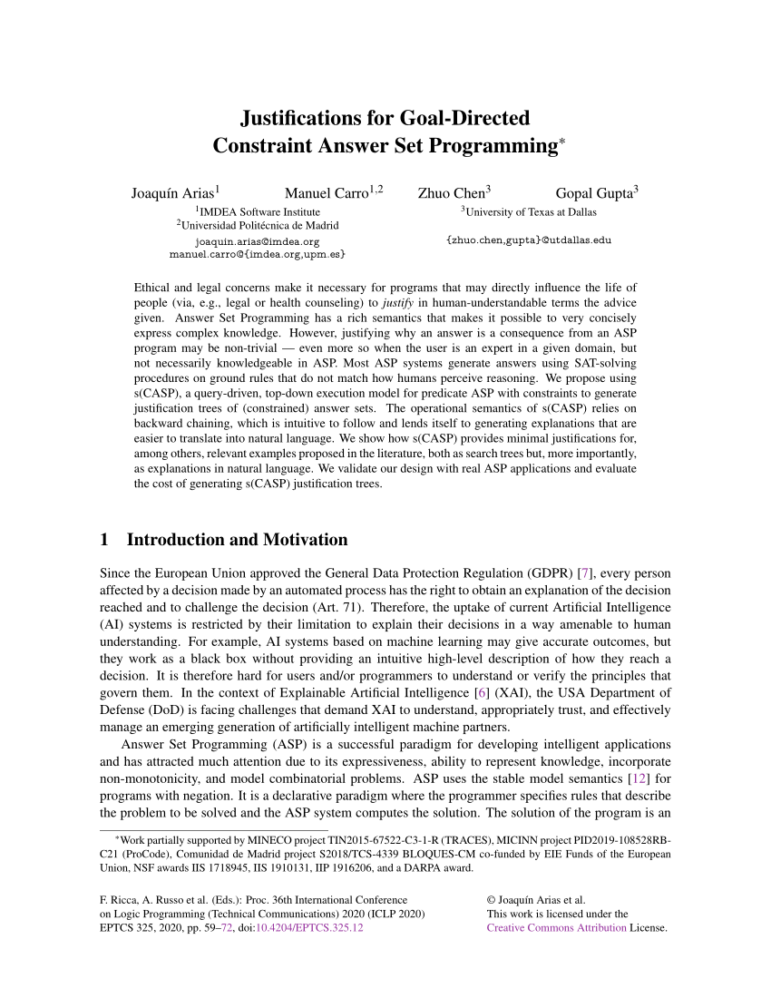 Pdf Justifications For Goal Directed Constraint Answer Set Programming 