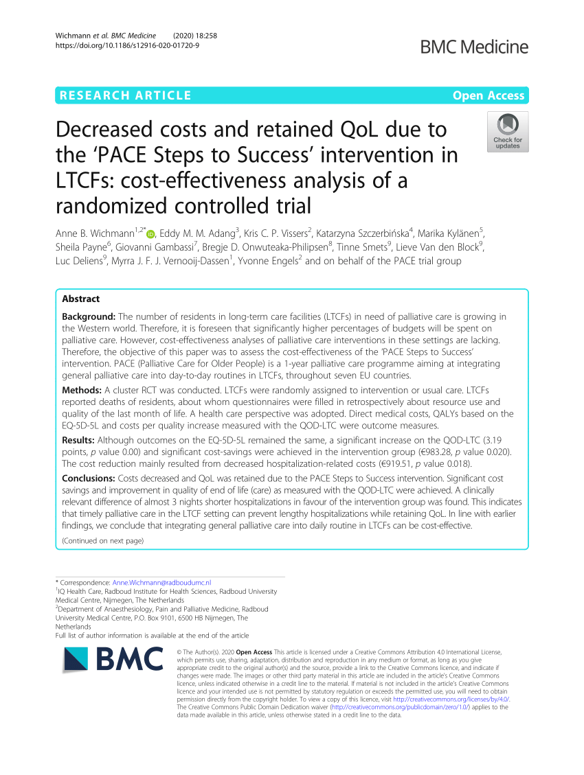 Pdf Decreased Costs And Retained Qol Due To The Pace Steps To Success Intervention In Ltcfs Cost Effectiveness Analysis Of A Randomized Controlled Trial