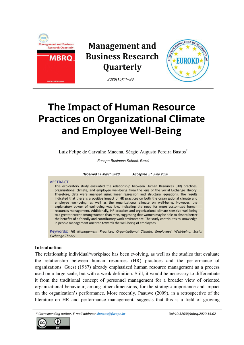 Pdf The Impact Of Human Resource Practices On Organizational Climate And Employee Well Being