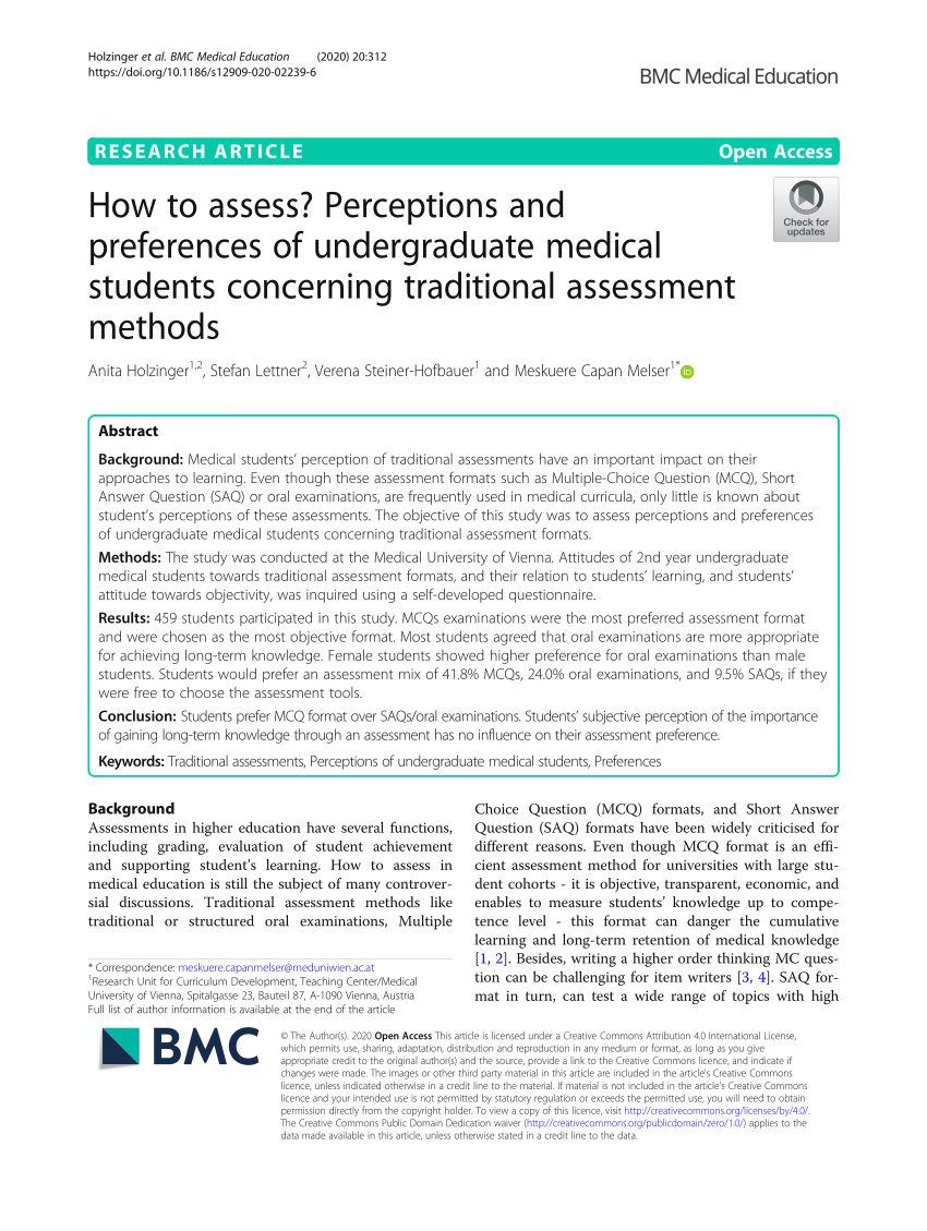 PDF) How to assess? Perceptions and preferences of undergraduate medical  students concerning traditional assessment methods