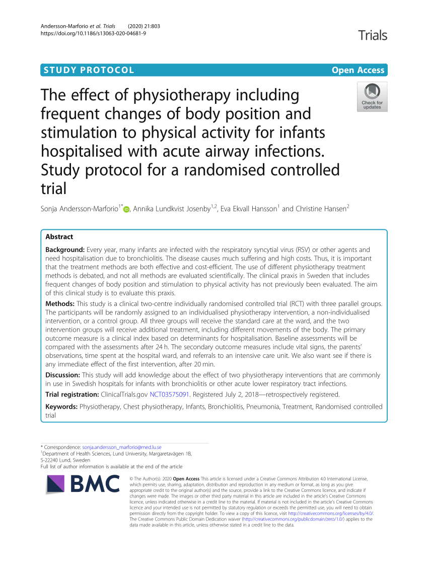 PDF) The effect of physiotherapy including frequent changes of body  position and stimulation to physical activity for infants hospitalised with  acute airway infections. Study protocol for a randomised controlled trial