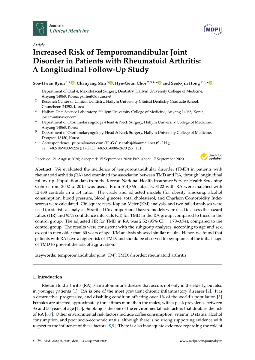 Pdf Increased Risk Of Temporomandibular Joint Disorder In Patients With Rheumatoid Arthritis 