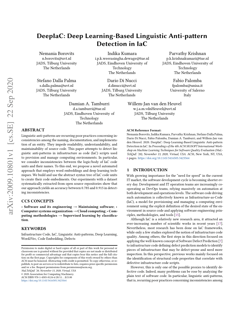 Pdf Deepiac Deep Learning Based Linguistic Anti Pattern Detection In Iac