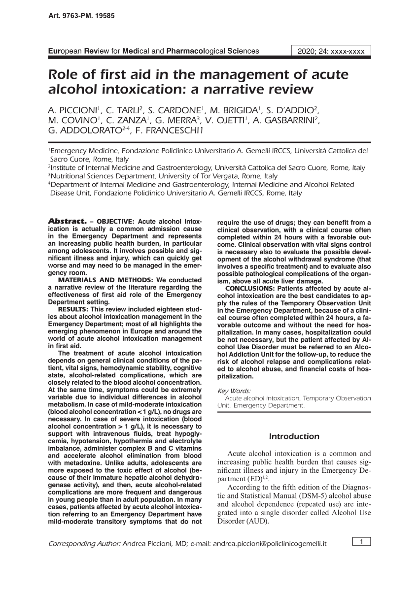 Pdf Role Of First Aid In The Management Of Acute Alcohol Intoxication A Narrative Review 4109