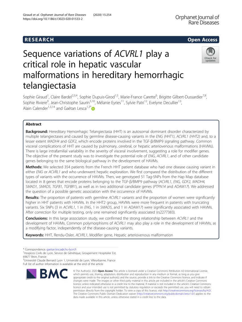 Pdf Sequence Variations Of Acvrl1 Play A Critical Role In Hepatic Vascular Malformations In