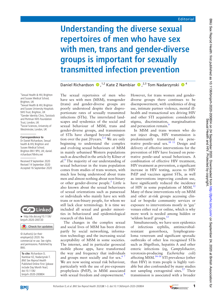 PDF) Understanding the diverse sexual repertoires of men who have sex with  men, trans and gender-diverse groups is important for sexually transmitted  infection prevention