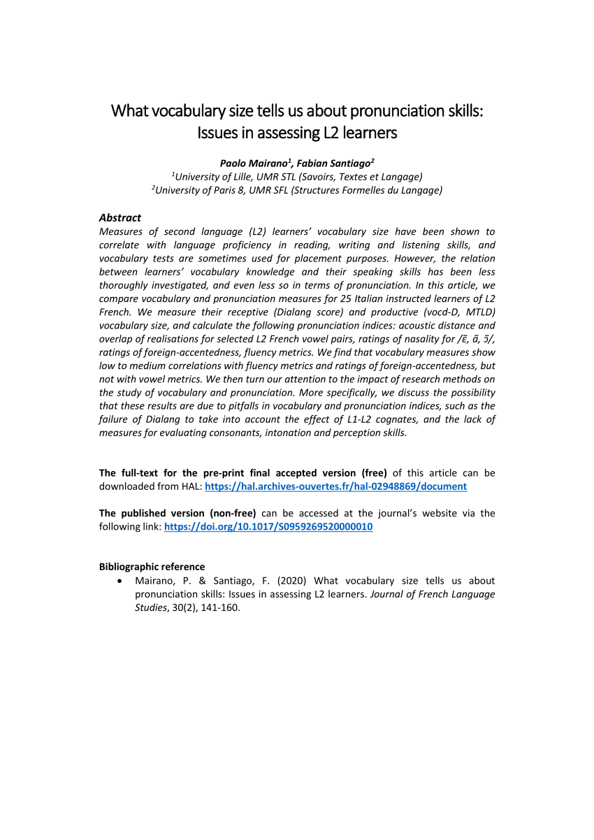 What vocabulary size tells us about pronunciation skills: Issues in  assessing L2 learners, Journal of French Language Studies