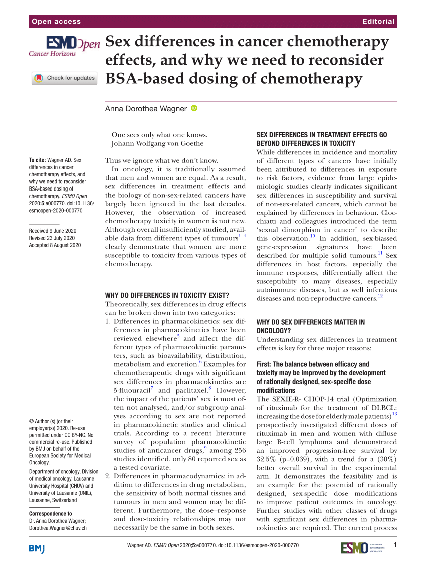 Pdf Sex Differences In Cancer Chemotherapy Effects And Why We Need To Reconsider Bsa Based 