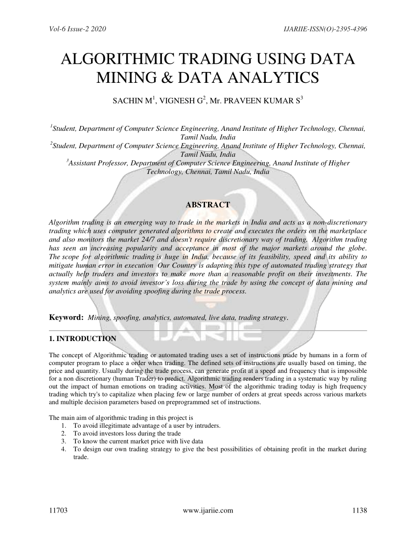 Pdf Algorithmic Trading Using Data Mining Data Analytics